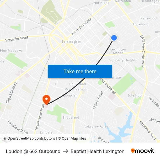 Loudon @ 662 Outbound to Baptist Health Lexington map