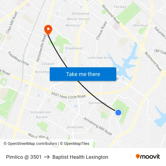 Pimlico @ 3501 to Baptist Health Lexington map