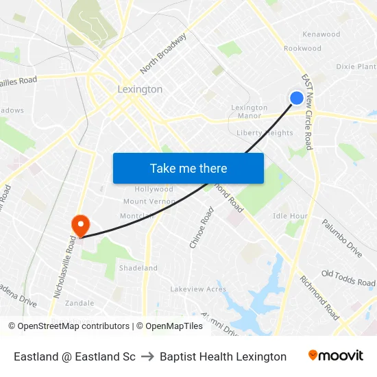 Eastland @ Eastland Sc to Baptist Health Lexington map