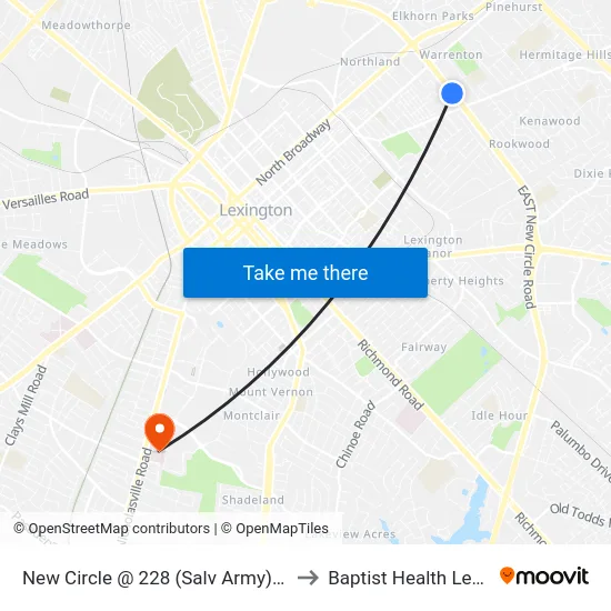 New Circle @ 228 (Salv Army) Outbound to Baptist Health Lexington map