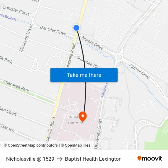 Nicholasville @ 1529 to Baptist Health Lexington map
