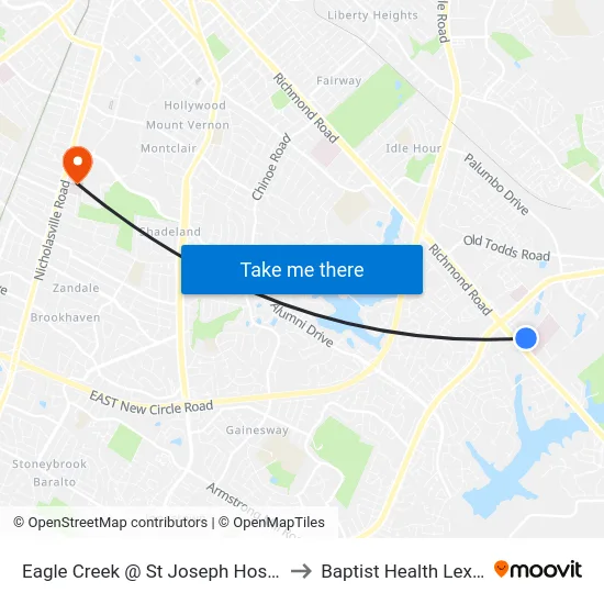 Eagle Creek @ St Joseph Hospital East to Baptist Health Lexington map