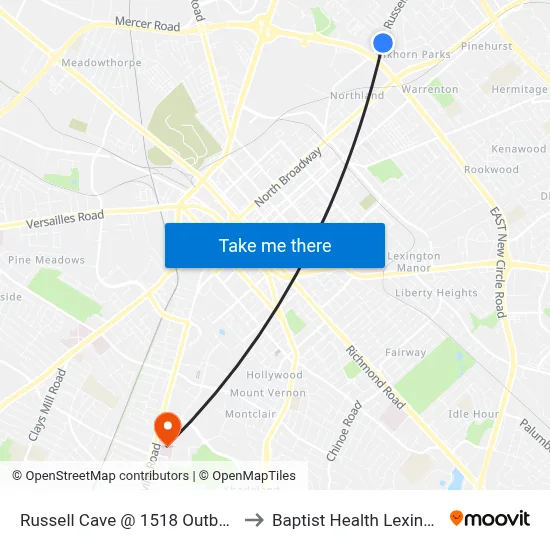 Russell Cave @ 1518 Outbound to Baptist Health Lexington map