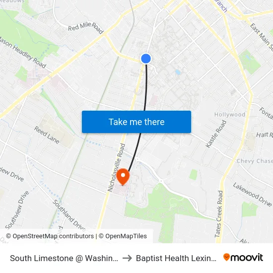 South Limestone @ Washington to Baptist Health Lexington map
