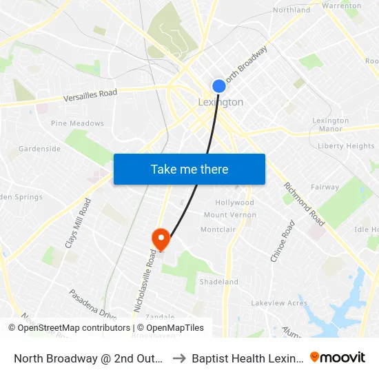 North Broadway @ 2nd Outbound to Baptist Health Lexington map