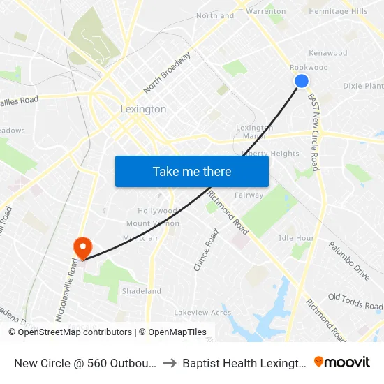 New Circle @ 560 Outbound to Baptist Health Lexington map