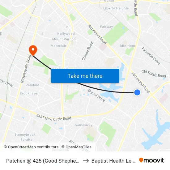 Patchen @ 425 (Good Shepherd Church) to Baptist Health Lexington map