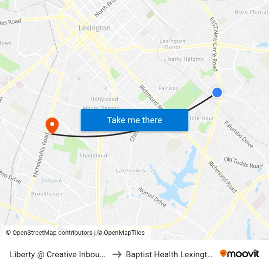 Liberty @ Creative Inbound to Baptist Health Lexington map