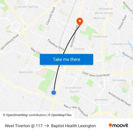 West Tiverton @ 117 to Baptist Health Lexington map