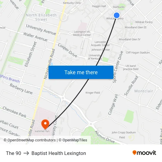 The 90 to Baptist Health Lexington map
