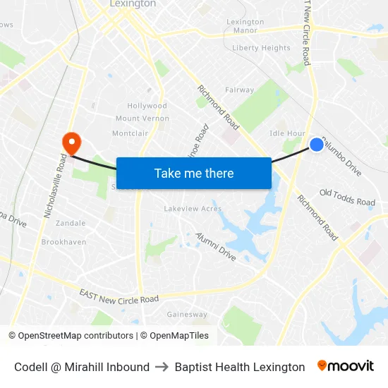 Codell @ Mirahill Inbound to Baptist Health Lexington map