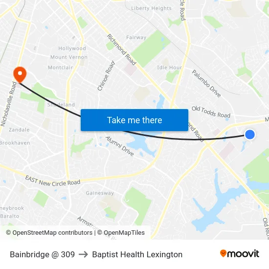 Bainbridge @ 309 to Baptist Health Lexington map