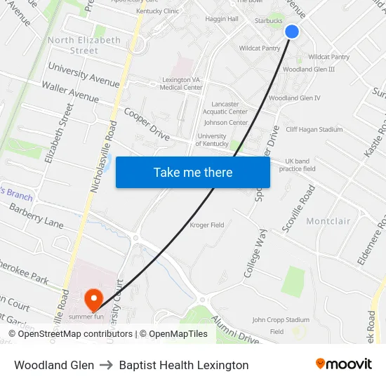 Woodland Glen to Baptist Health Lexington map