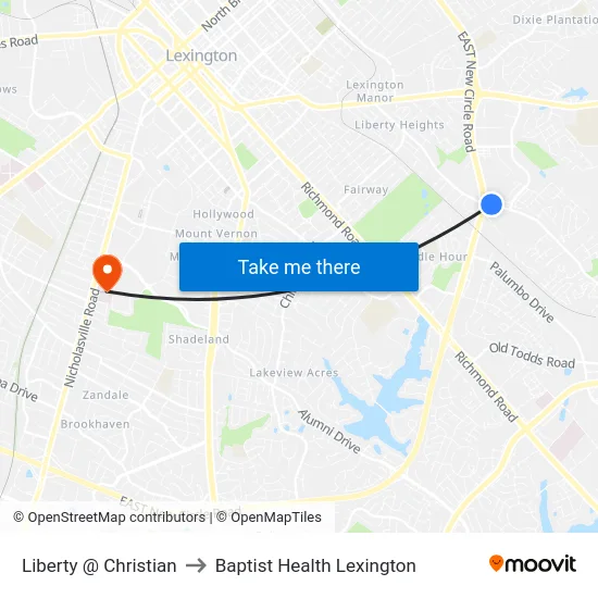 Liberty @ Christian to Baptist Health Lexington map