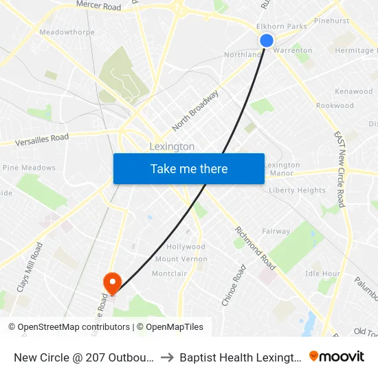 New Circle @ 207 Outbound to Baptist Health Lexington map