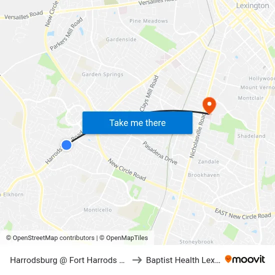 Harrodsburg @ Fort Harrods Outbound to Baptist Health Lexington map