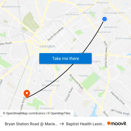 Bryan Station Road @ Mariemont to Baptist Health Lexington map