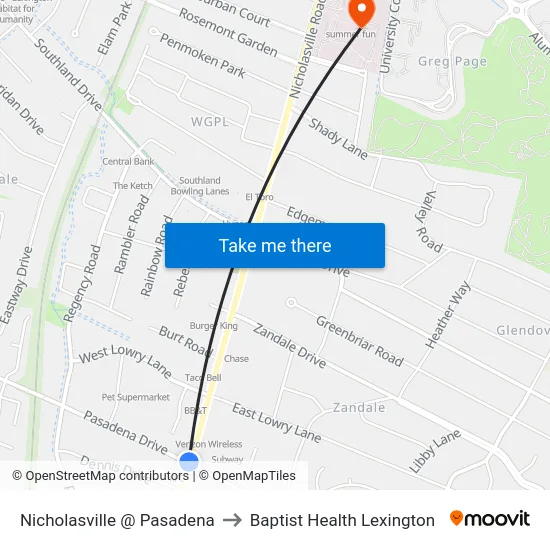 Nicholasville @ Pasadena to Baptist Health Lexington map