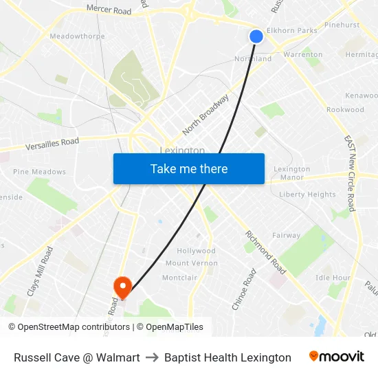 Russell Cave @ Walmart to Baptist Health Lexington map