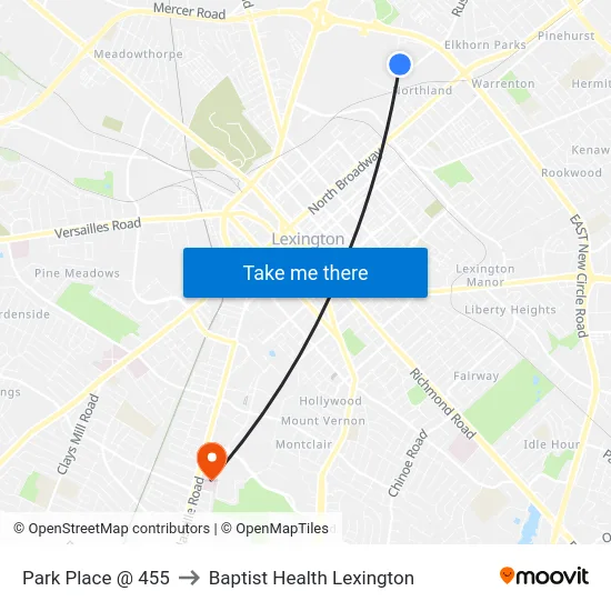 Park Place @ 455 to Baptist Health Lexington map