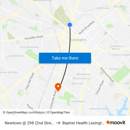 Newtown @ 298 (2nd Street) to Baptist Health Lexington map