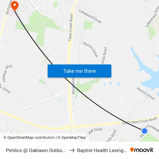 Pimlico @ Oaklawn Outbound to Baptist Health Lexington map