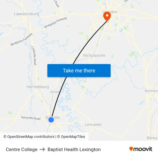 Centre College to Baptist Health Lexington map