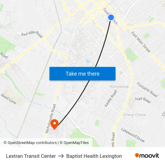 Lextran Transit Center to Baptist Health Lexington map
