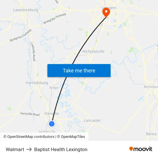 Walmart to Baptist Health Lexington map
