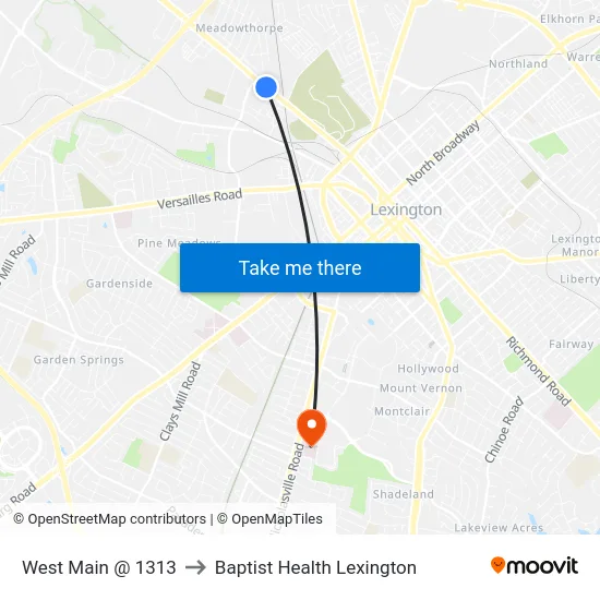West Main @ 1313 to Baptist Health Lexington map
