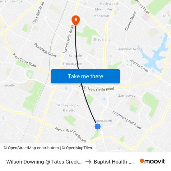 Wilson Downing @ Tates Creek Ctr Inbound to Baptist Health Lexington map