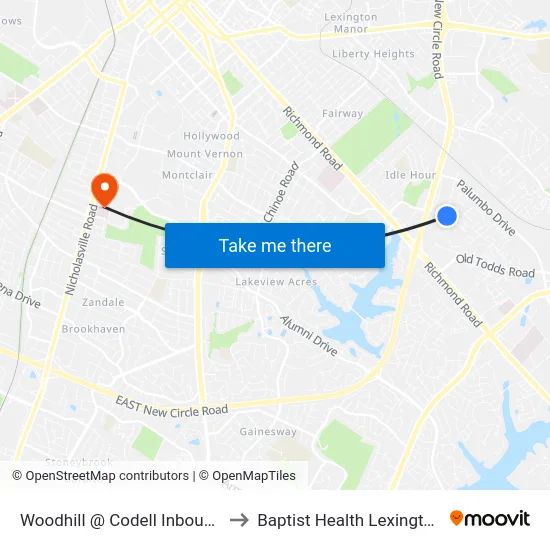 Woodhill @ Codell Inbound to Baptist Health Lexington map