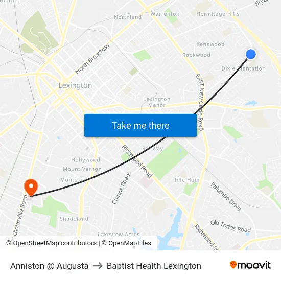 Anniston @ Augusta to Baptist Health Lexington map