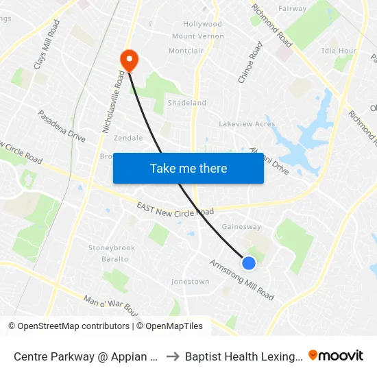Centre Parkway @ Appian Way to Baptist Health Lexington map