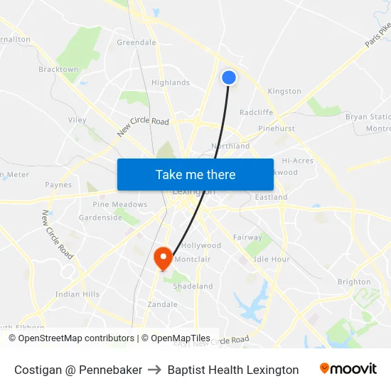 Costigan @ Pennebaker to Baptist Health Lexington map