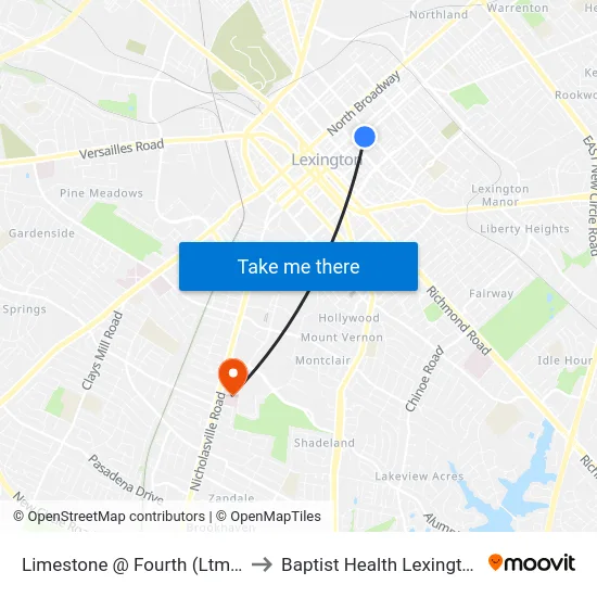 Limestone @ Fourth (Ltms) to Baptist Health Lexington map