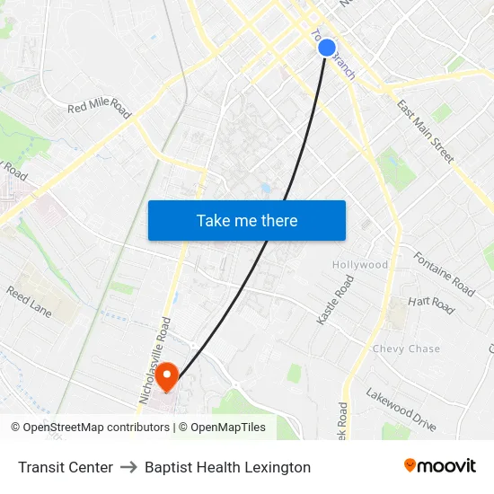 Transit Center to Baptist Health Lexington map