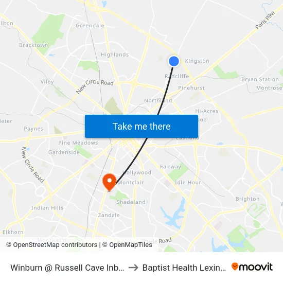 Winburn @ Russell Cave Inbound to Baptist Health Lexington map