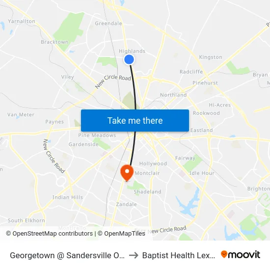 Georgetown @ Sandersville Outbound to Baptist Health Lexington map