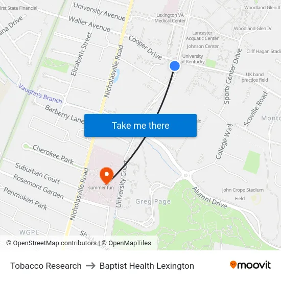 Tobacco Research to Baptist Health Lexington map