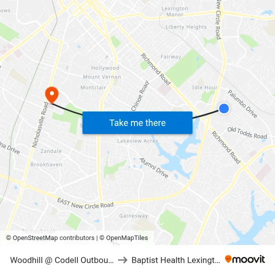 Woodhill @ Codell Outbound to Baptist Health Lexington map