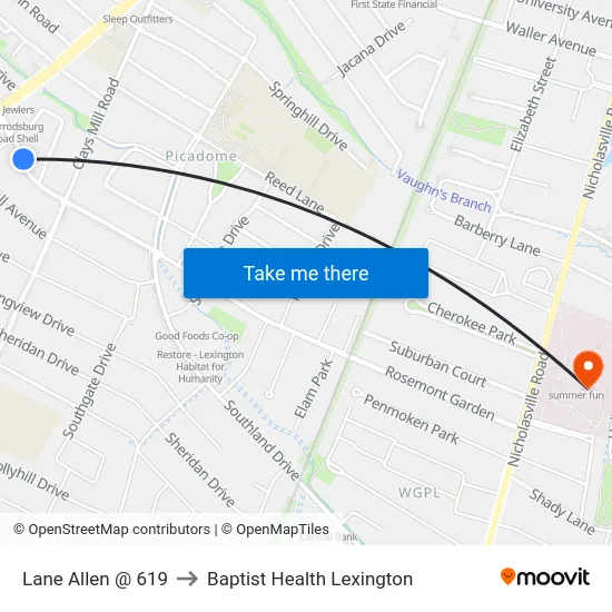 Lane Allen @ 619 to Baptist Health Lexington map