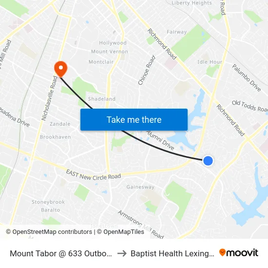 Mount Tabor @ 633 Outbound to Baptist Health Lexington map