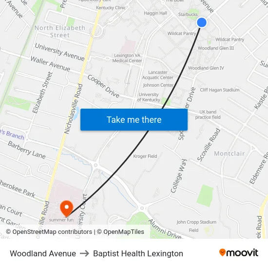 Woodland Avenue to Baptist Health Lexington map