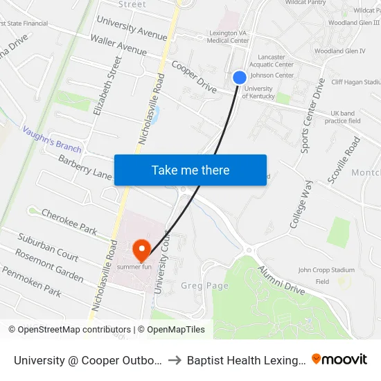 University @ Cooper Outbound to Baptist Health Lexington map