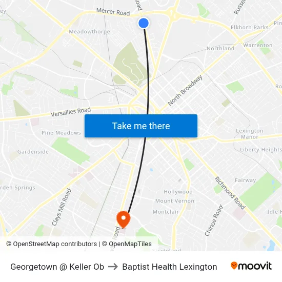 Georgetown @ Keller Ob to Baptist Health Lexington map