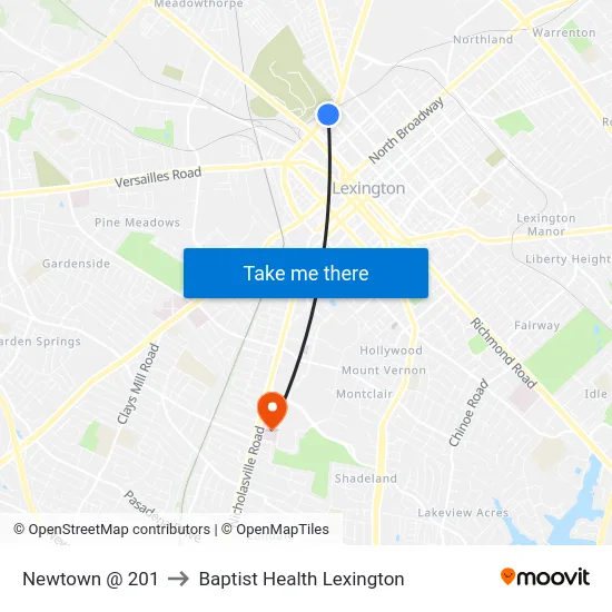 Newtown @ 201 to Baptist Health Lexington map