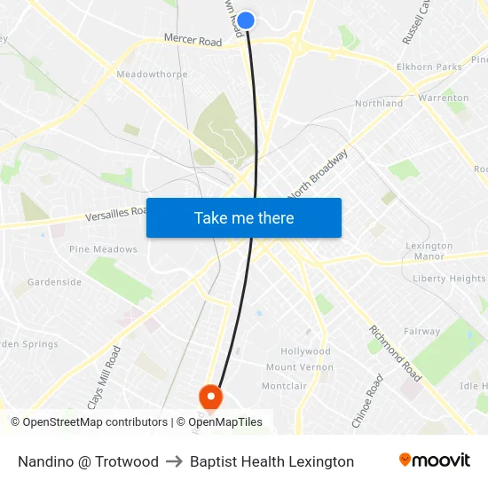 Nandino @ Trotwood to Baptist Health Lexington map