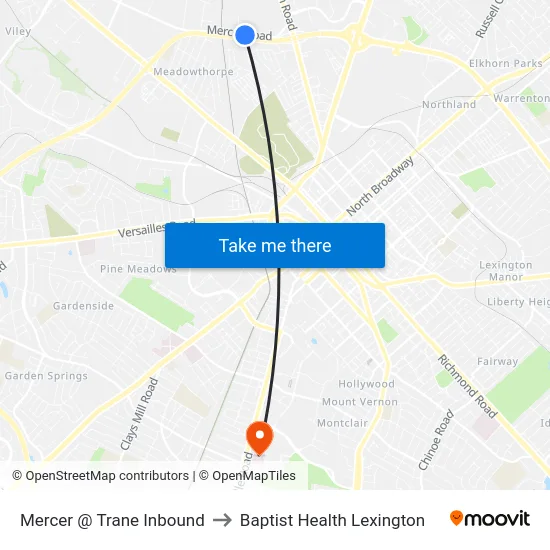 Mercer @ Trane Inbound to Baptist Health Lexington map