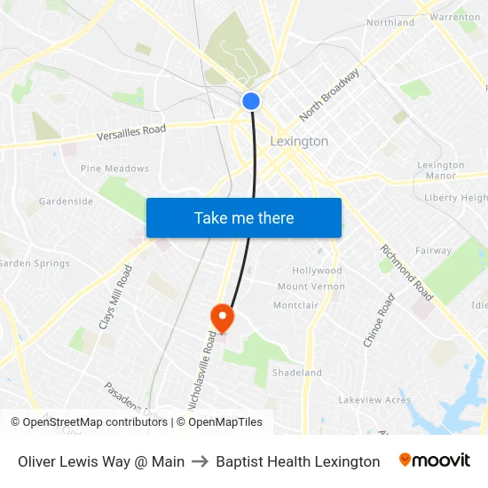 Oliver Lewis Way @ Main to Baptist Health Lexington map